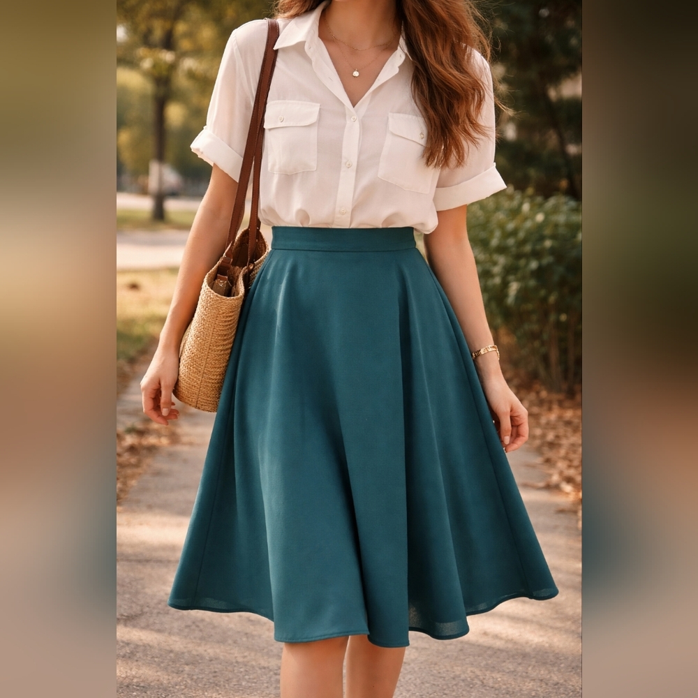 Vintage Teal A-Line Midi Skirt